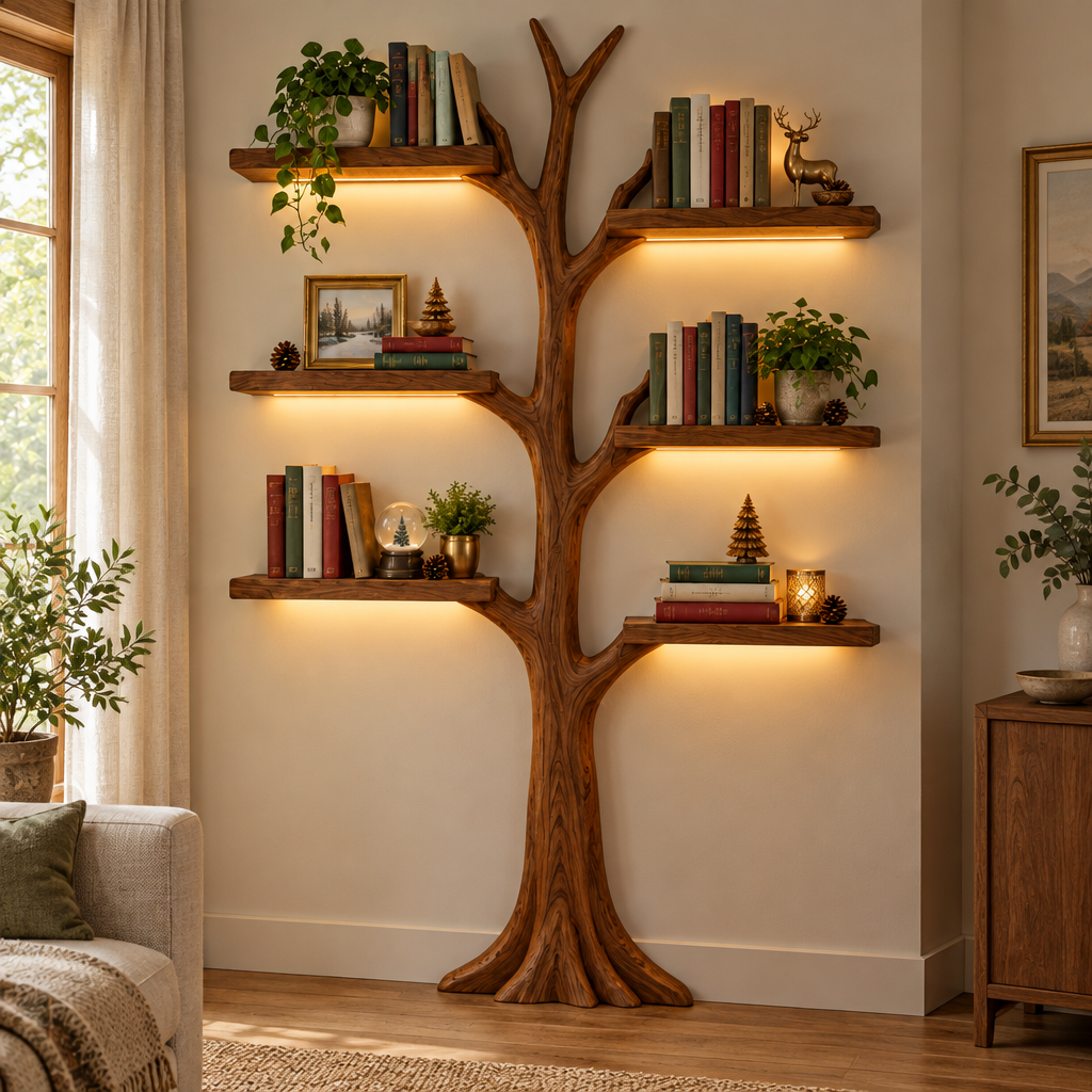 Rowan Wall Tree Bookshelf with Light in use