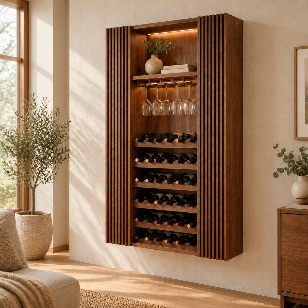 Halden Slatted Wine Cabinet with Light in a living room