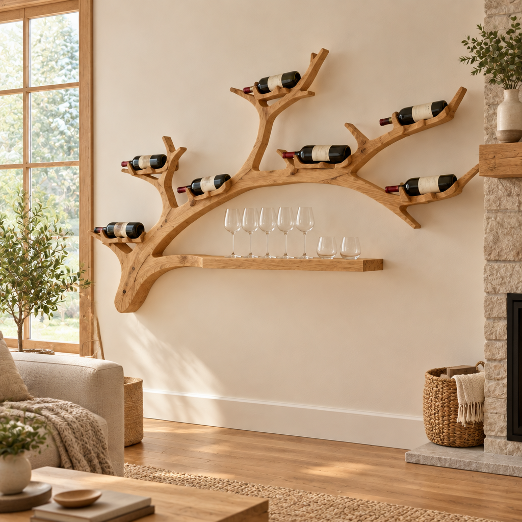 Rowan Branch Wine Wall with Light in Natural Oak finish