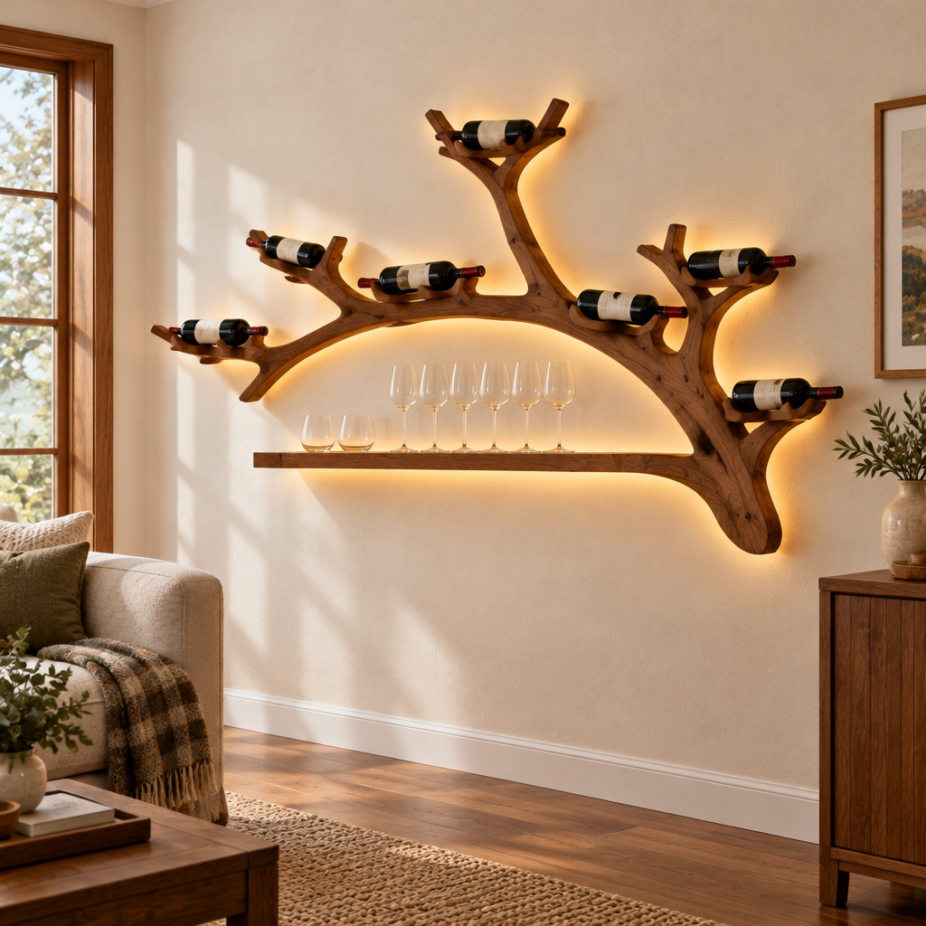 Rowan Branch Wine Wall with Light side view
