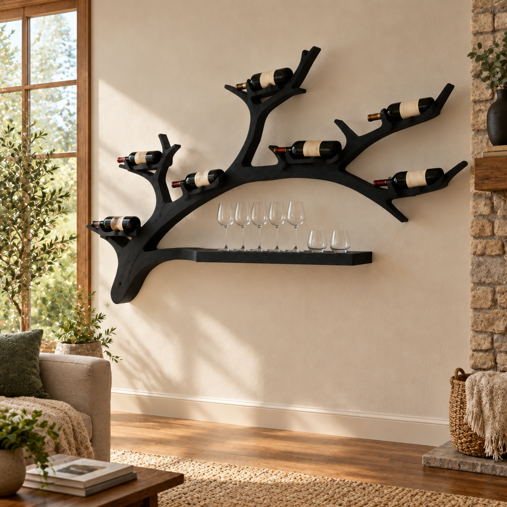 Rowan Branch Wine Wall with Light in Ebonized Black finish