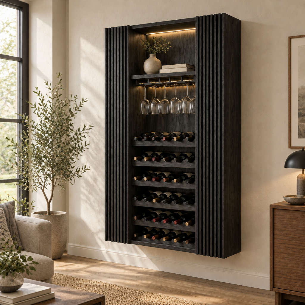 Halden Slatted Wine Cabinet with Light in Ebonized Black finish