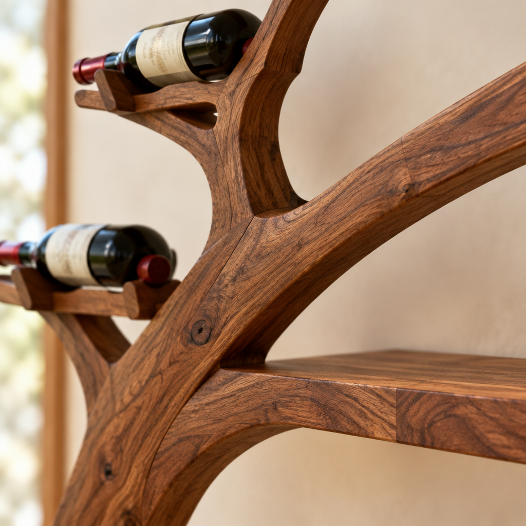 Rowan Branch Wine Wall with Light wood grain and joinery close-up
