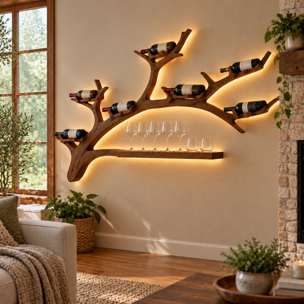 Rowan Branch Wine Wall with Light in use