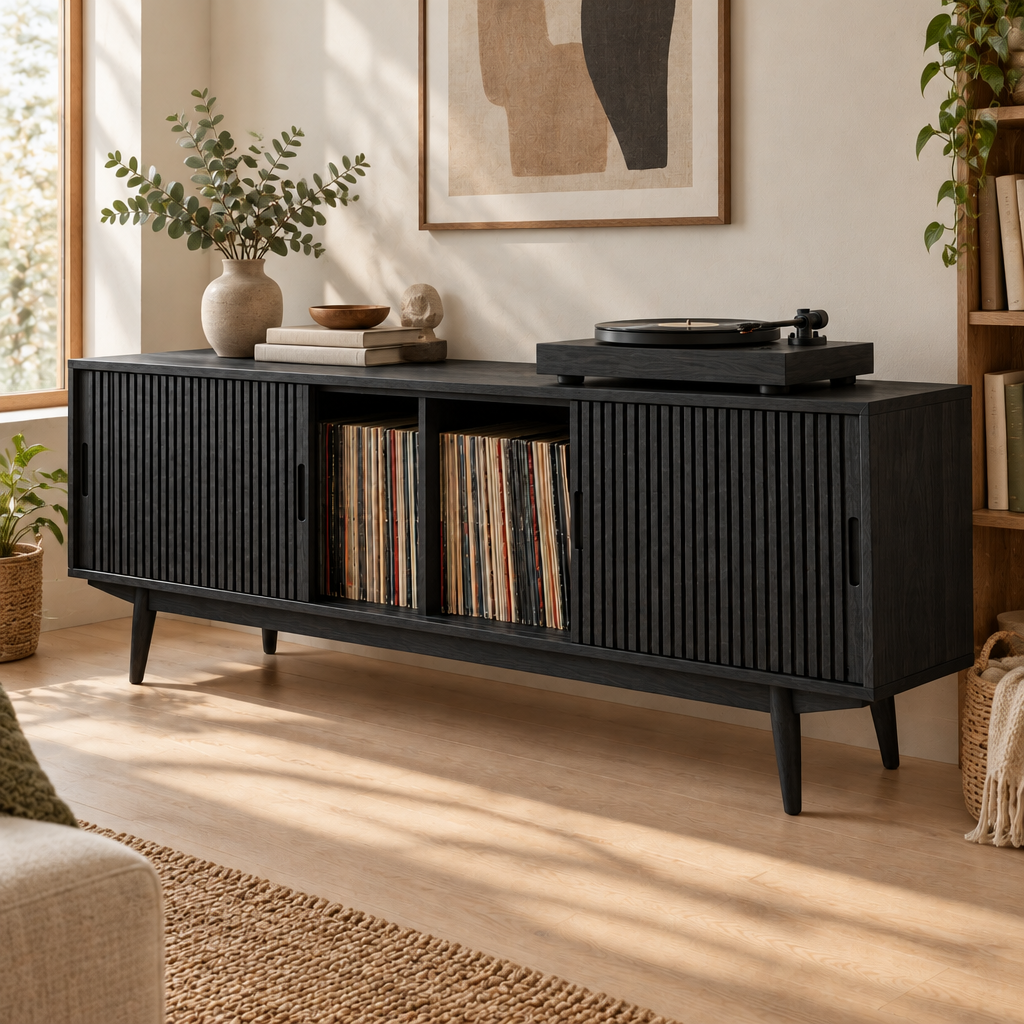 Halden Slatted Record Console in Ebonized Black finish