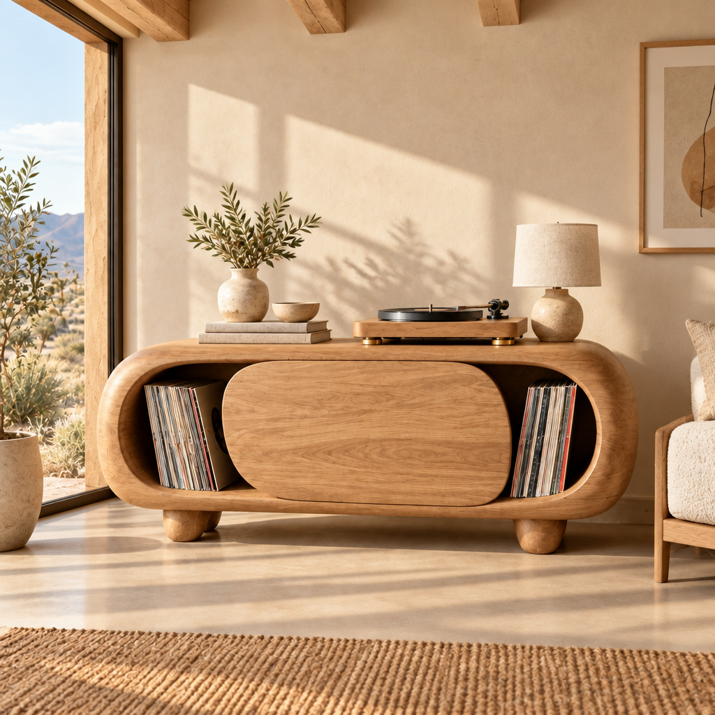 Mojave Sculpted Record Console in Natural Oak finish