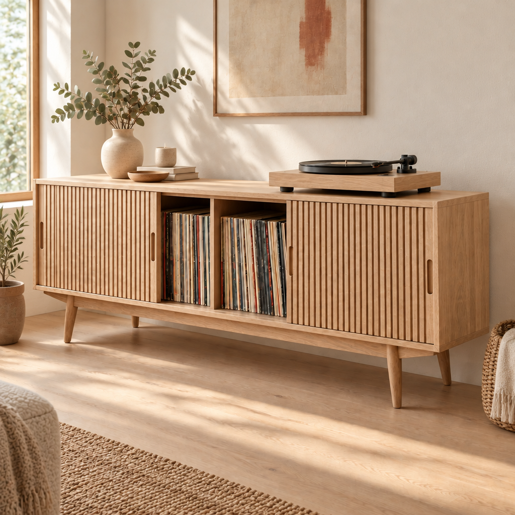 Halden Slatted Record Console in Natural Oak finish