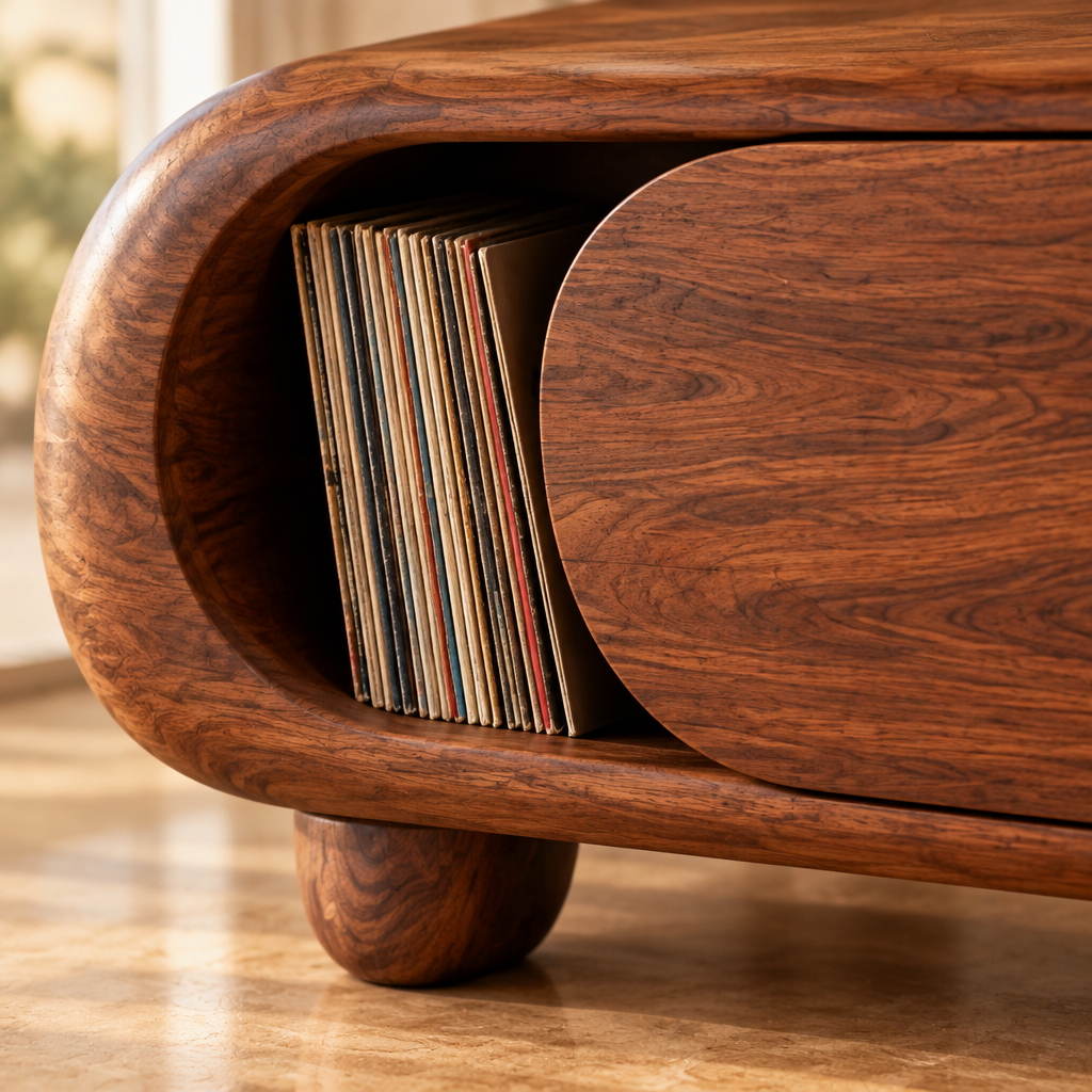 Mojave Sculpted Record Console wood grain and joinery close-up