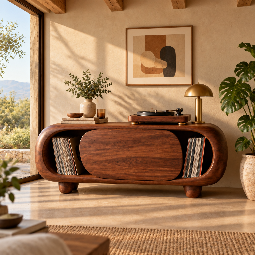 Mojave Sculpted Record Console in a living room