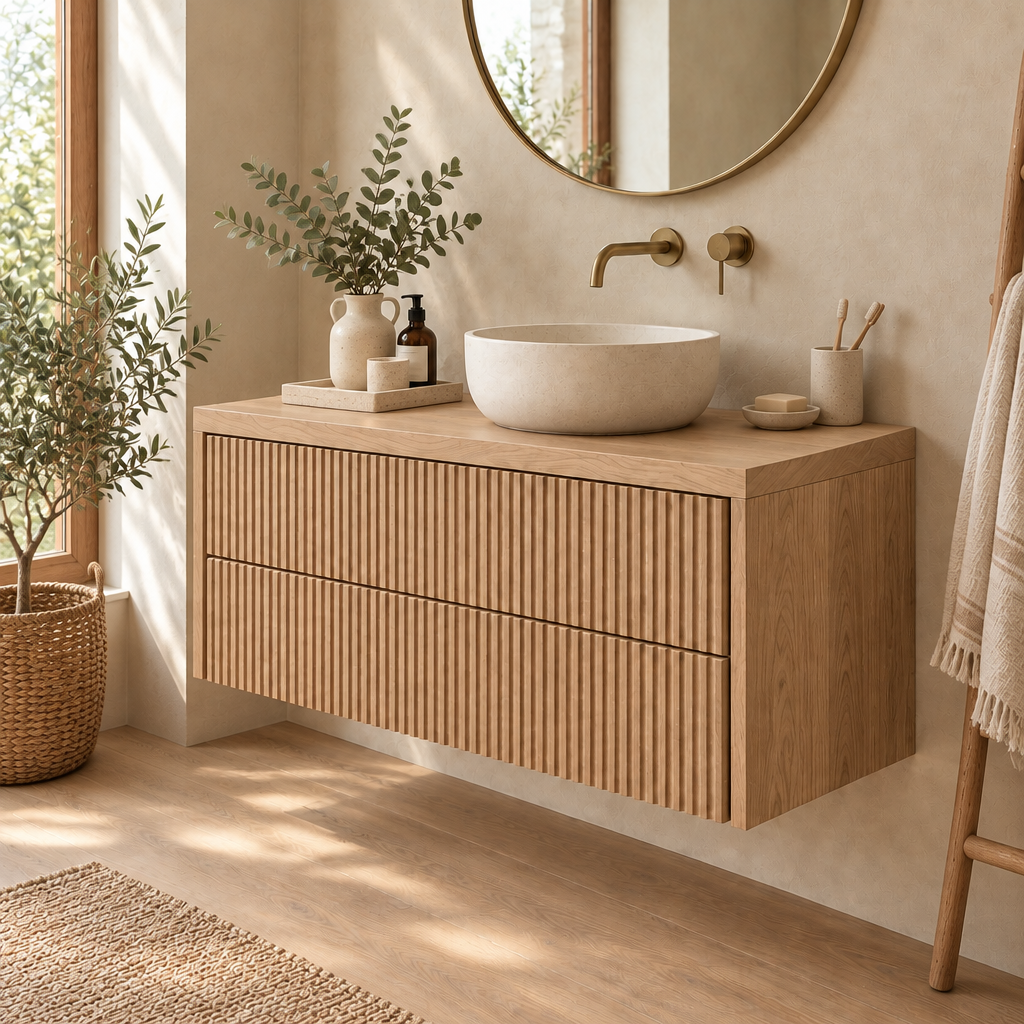 Halden Fluted Floating Vanity in Natural Oak finish