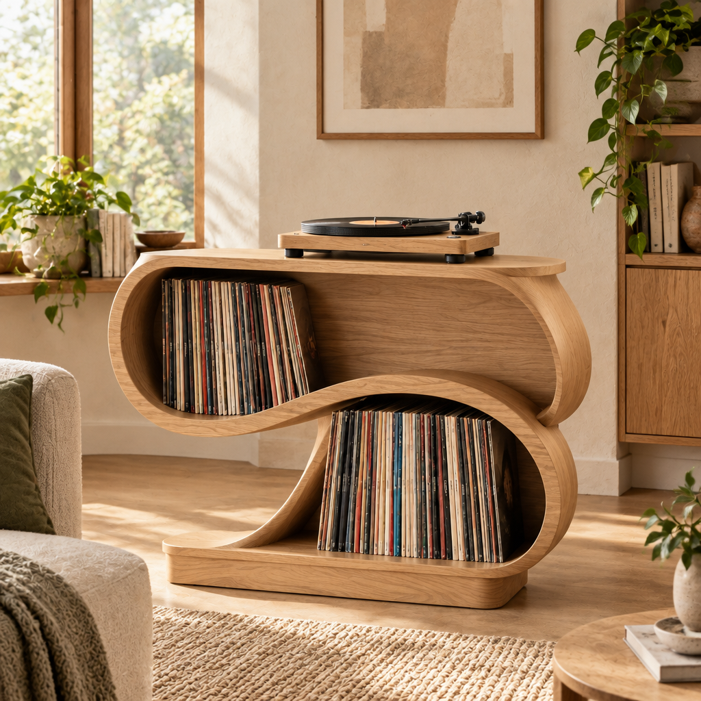 Mojave Wave Record Stand in Natural Oak finish
