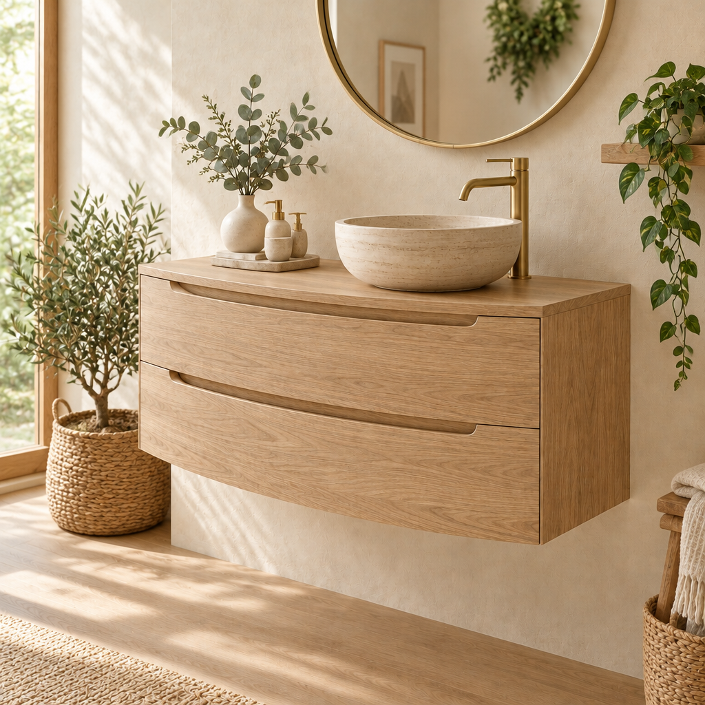 Sora Curved Floating Vanity in Natural Oak finish