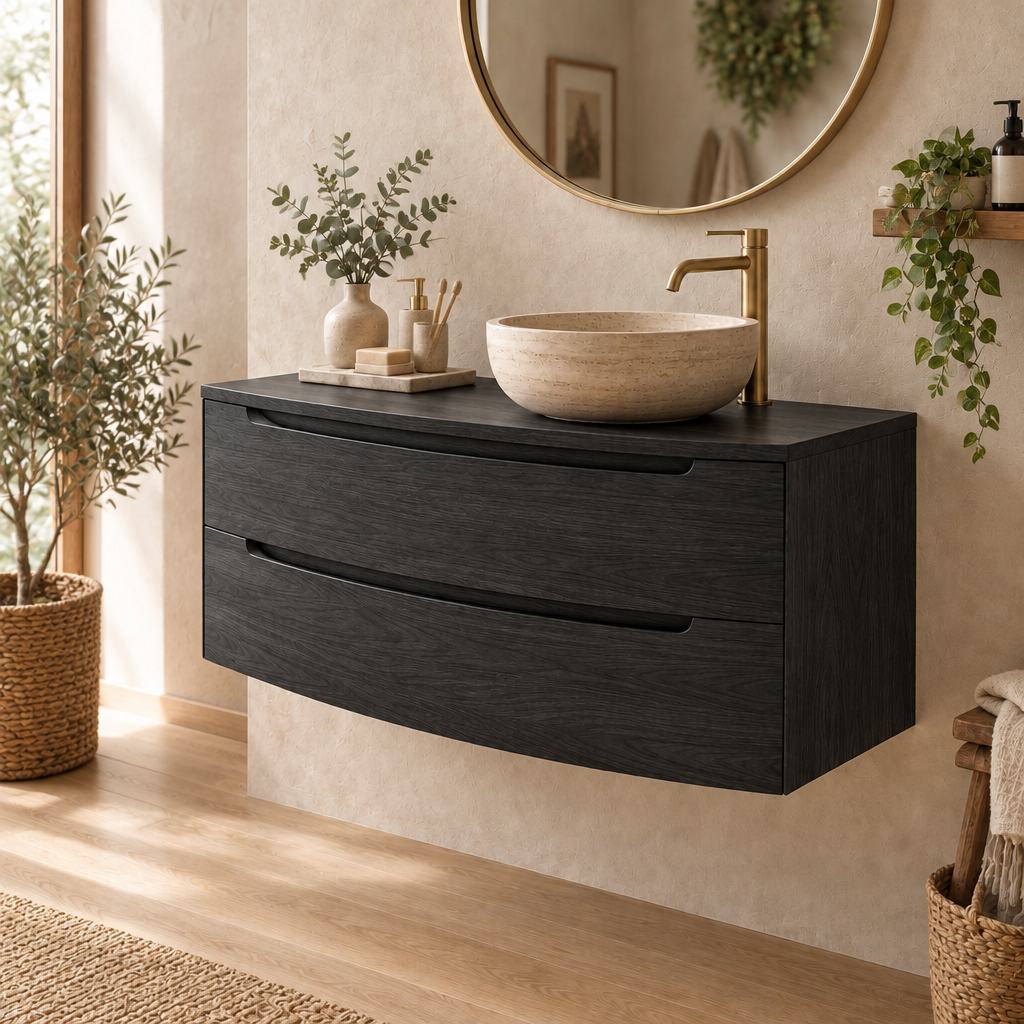 Sora Curved Floating Vanity in Ebonized Black finish