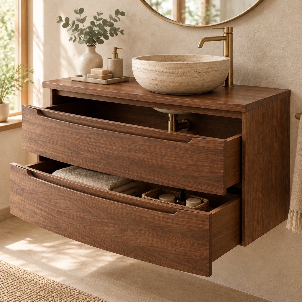 Sora Curved Floating Vanity in use