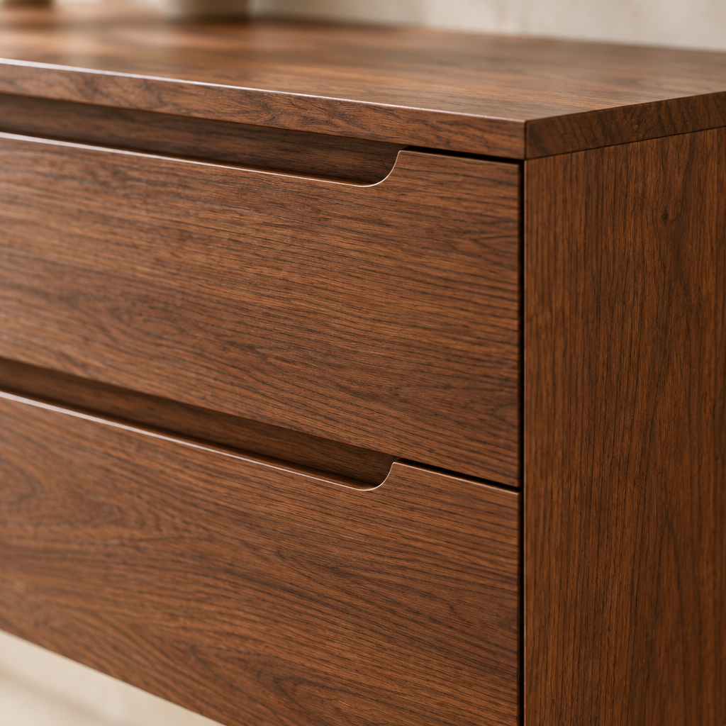 Sora Curved Floating Vanity wood grain and joinery close-up