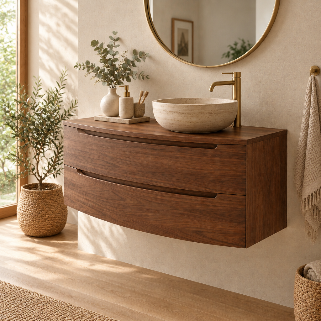 Sora Curved Floating Vanity in a living room