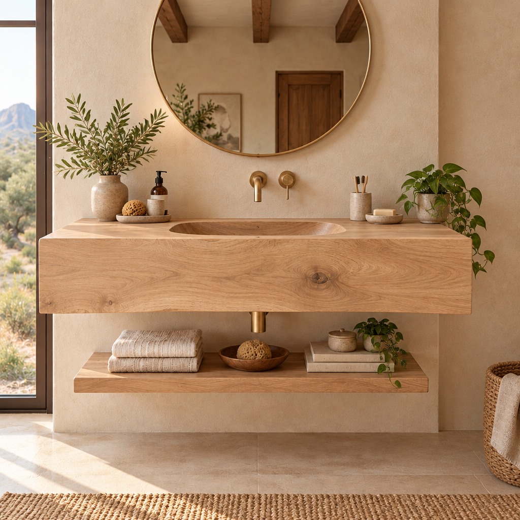 Mojave Carved Integrated-Sink Vanity in Natural Oak finish
