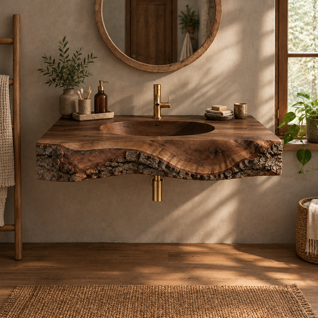 Tidewood Live-Edge Integrated-Sink Vanity in Smoked Dark finish
