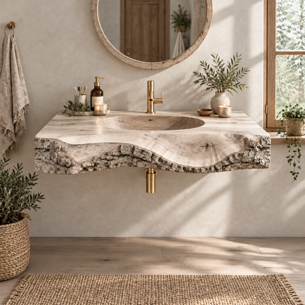 Tidewood Live-Edge Integrated-Sink Vanity in Whitewashed finish