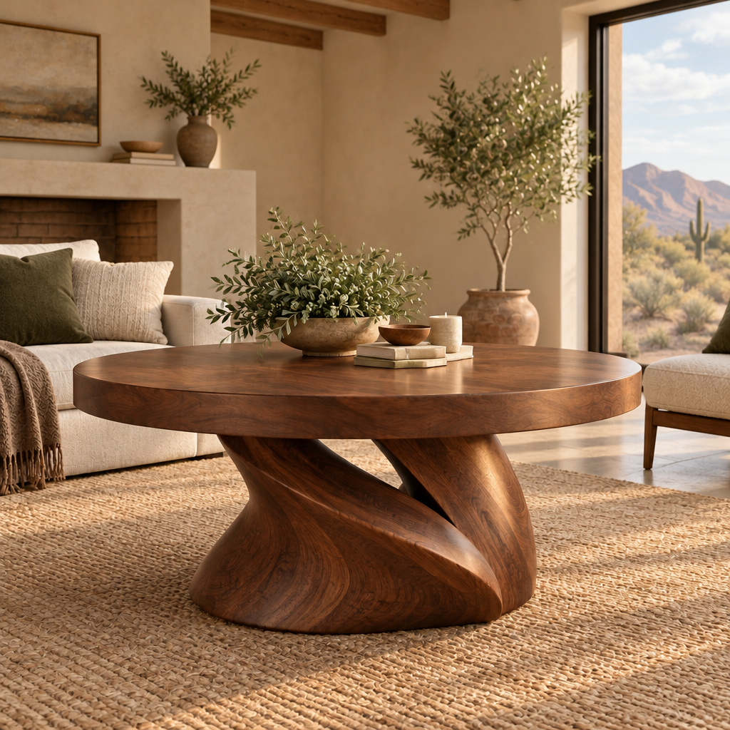Mojave Sculpted Round Coffee Table in a living room