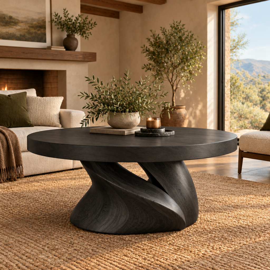 Mojave Sculpted Round Coffee Table in Ebonized Black finish