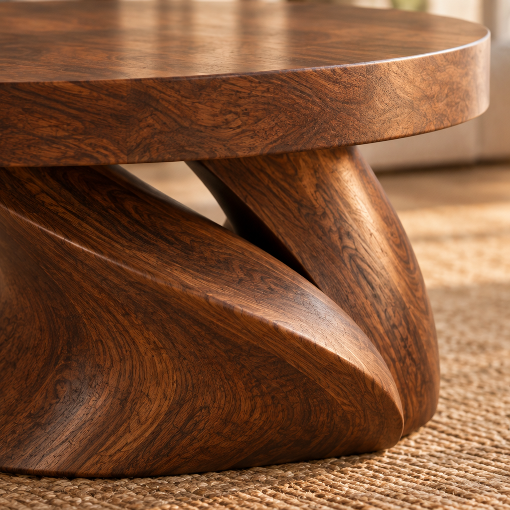 Mojave Sculpted Round Coffee Table wood grain and joinery close-up