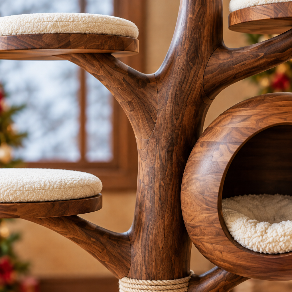Rowan Tree Cat Tower wood grain and joinery close-up
