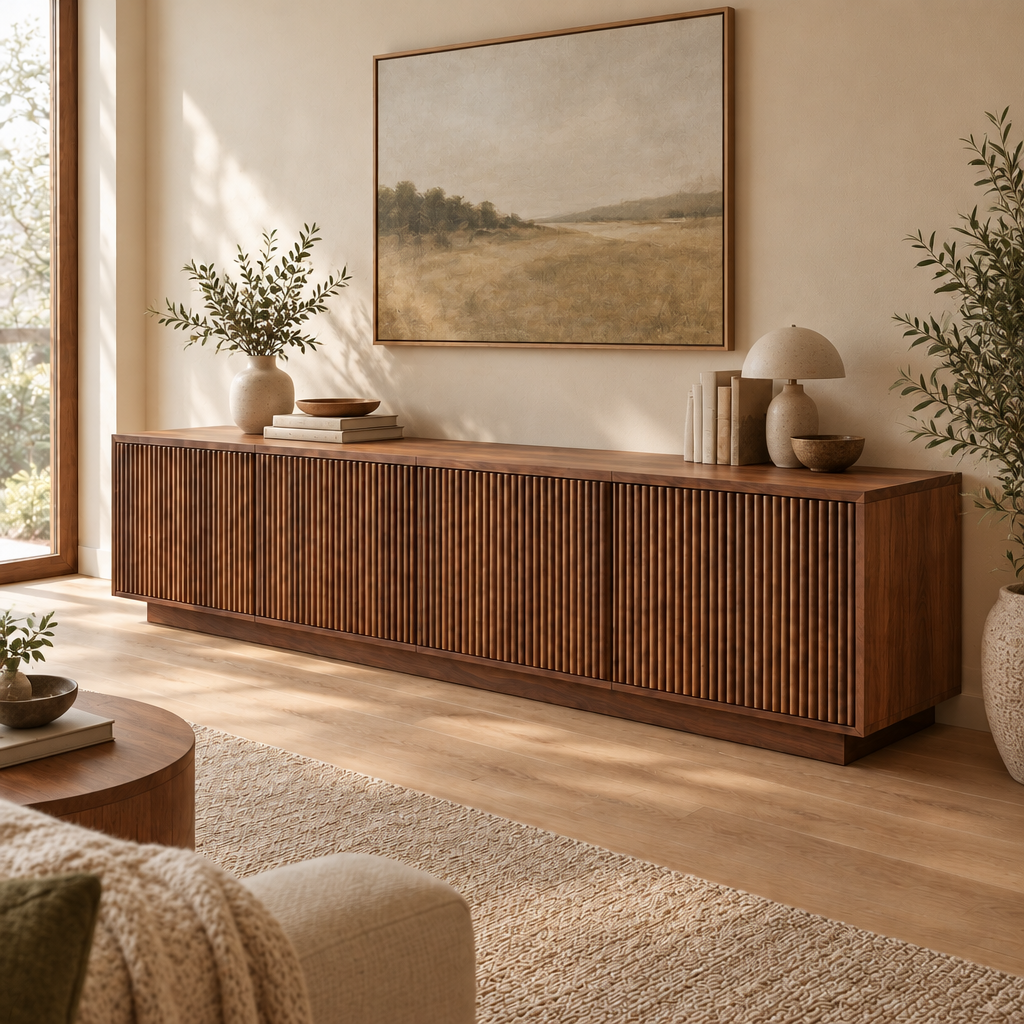 Halden Fluted Media Console in a living room