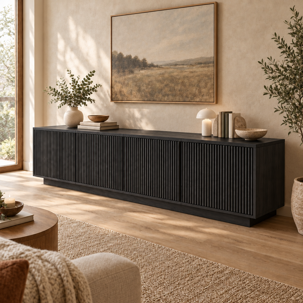 Halden Fluted Media Console in Ebonized Black finish