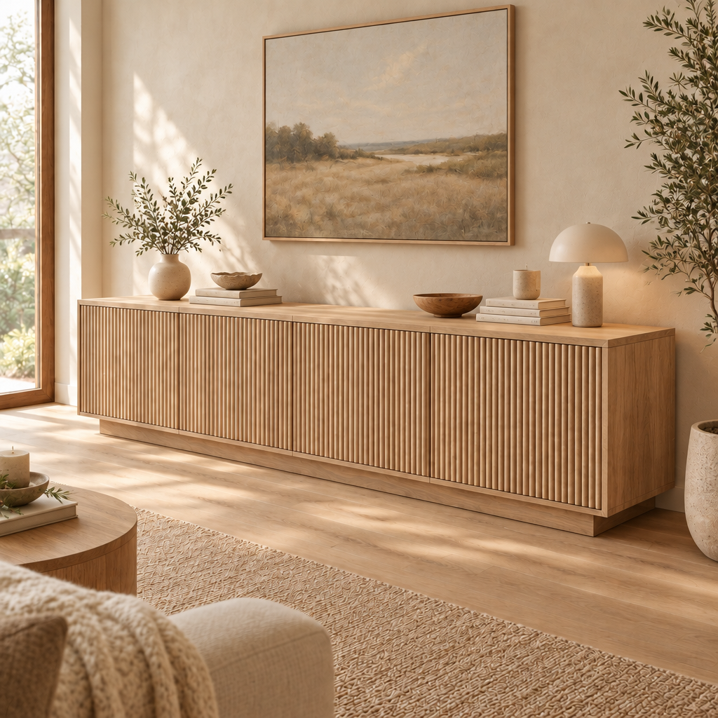 Halden Fluted Media Console in Natural Oak finish