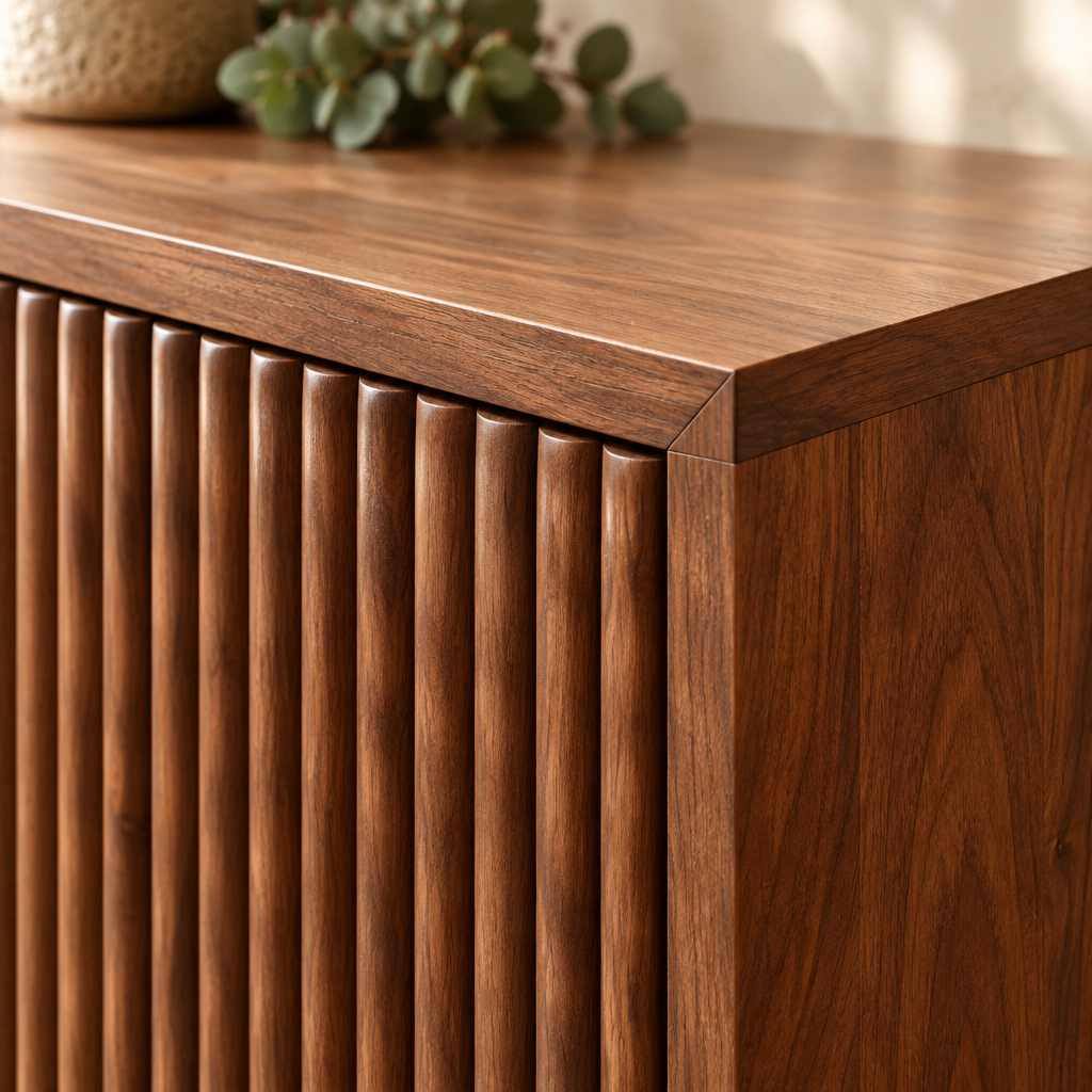 Halden Fluted Media Console wood grain and joinery close-up