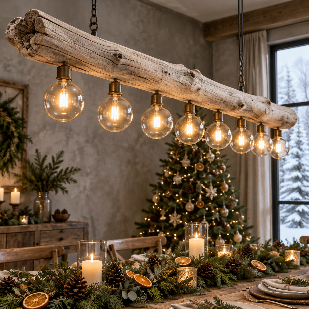 Tidewood Driftwood Beam Chandelier in a Christmas living room
