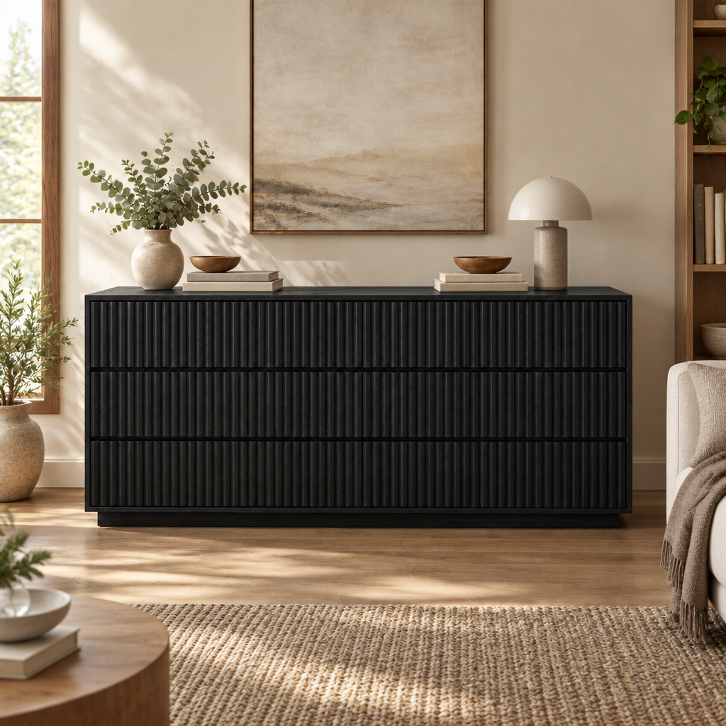 Halden Fluted 6-Drawer Dresser in Ebonized Black finish
