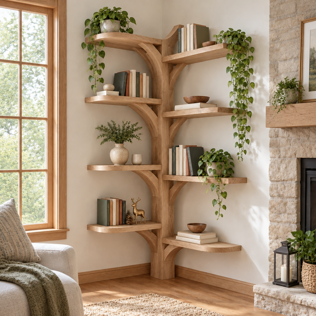 Rowan Corner Tree Bookshelf in Natural Oak finish