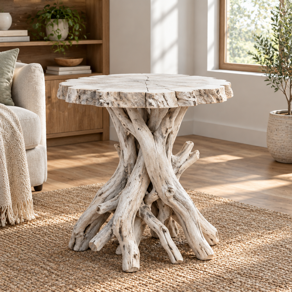 Tidewood Driftwood Root Side Table in Whitewashed finish