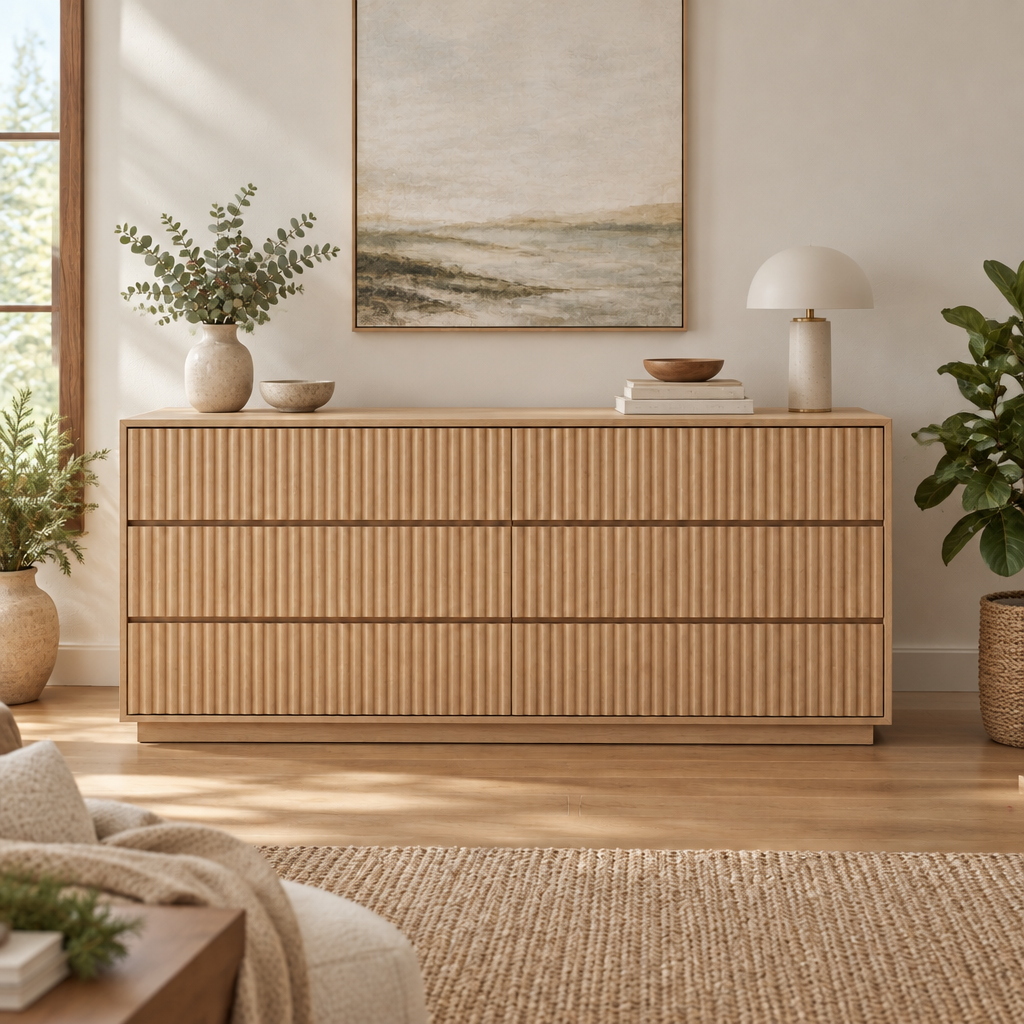 Halden Fluted 6-Drawer Dresser in Natural Oak finish