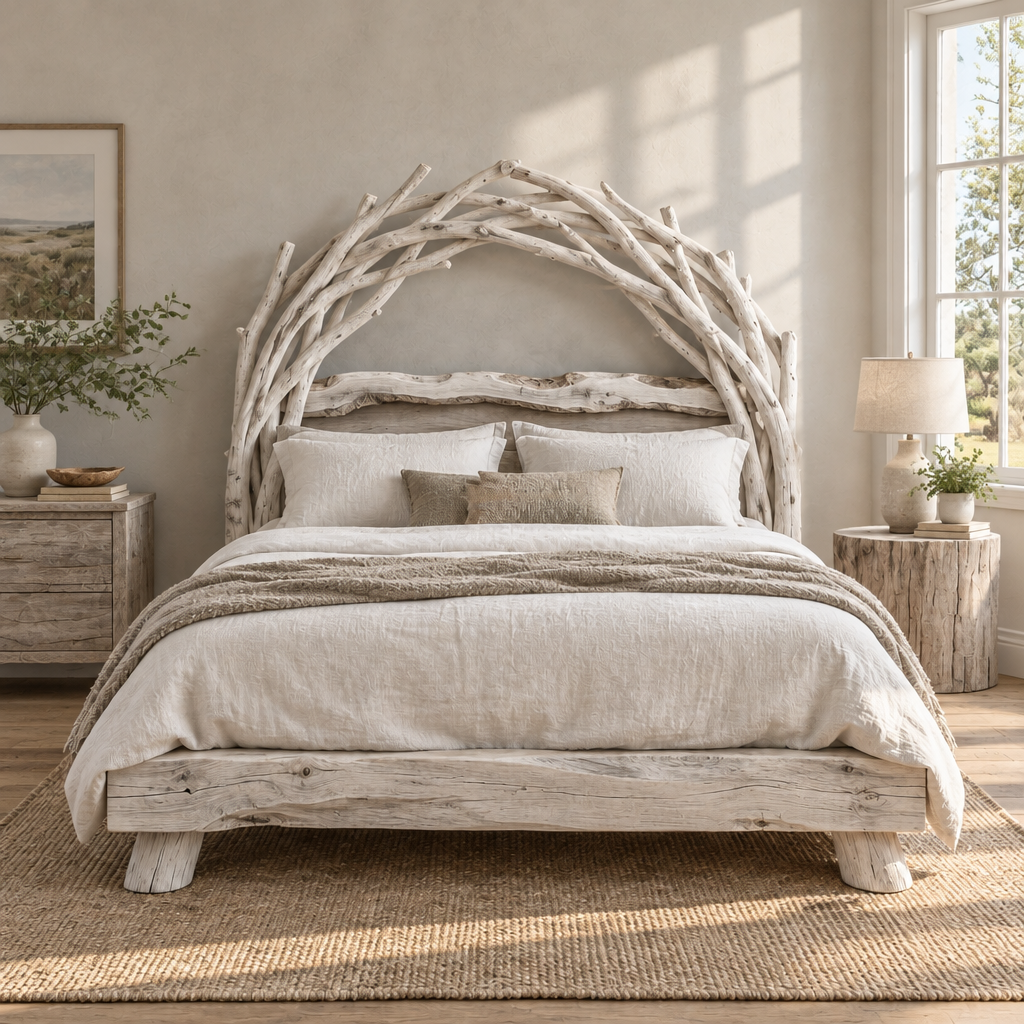 Tidewood Driftwood Headboard Bed in Whitewashed finish
