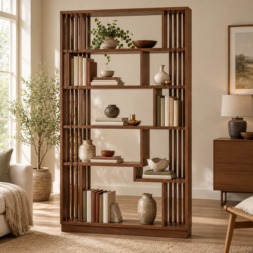 Halden Slatted Room Divider Shelf in a living room