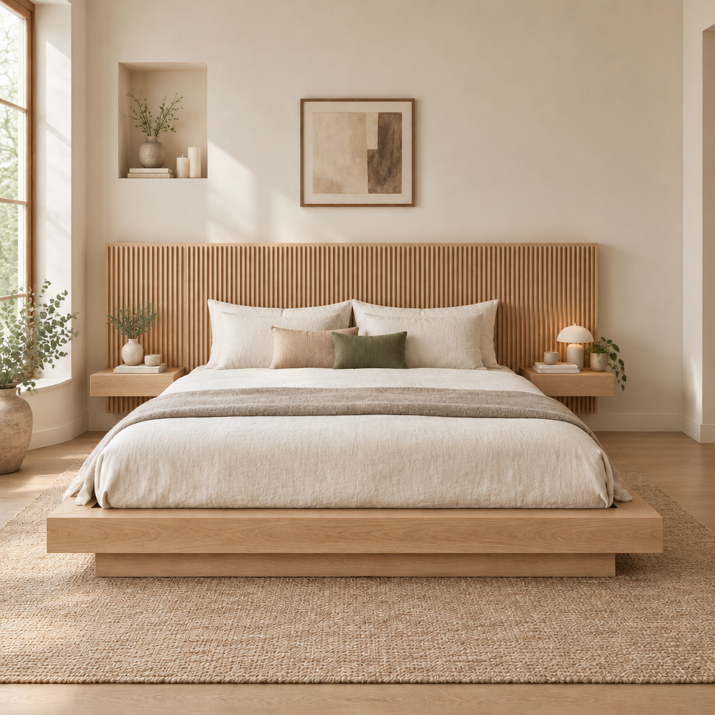 Halden Platform Bed with Fluted Headboard in Natural Oak finish