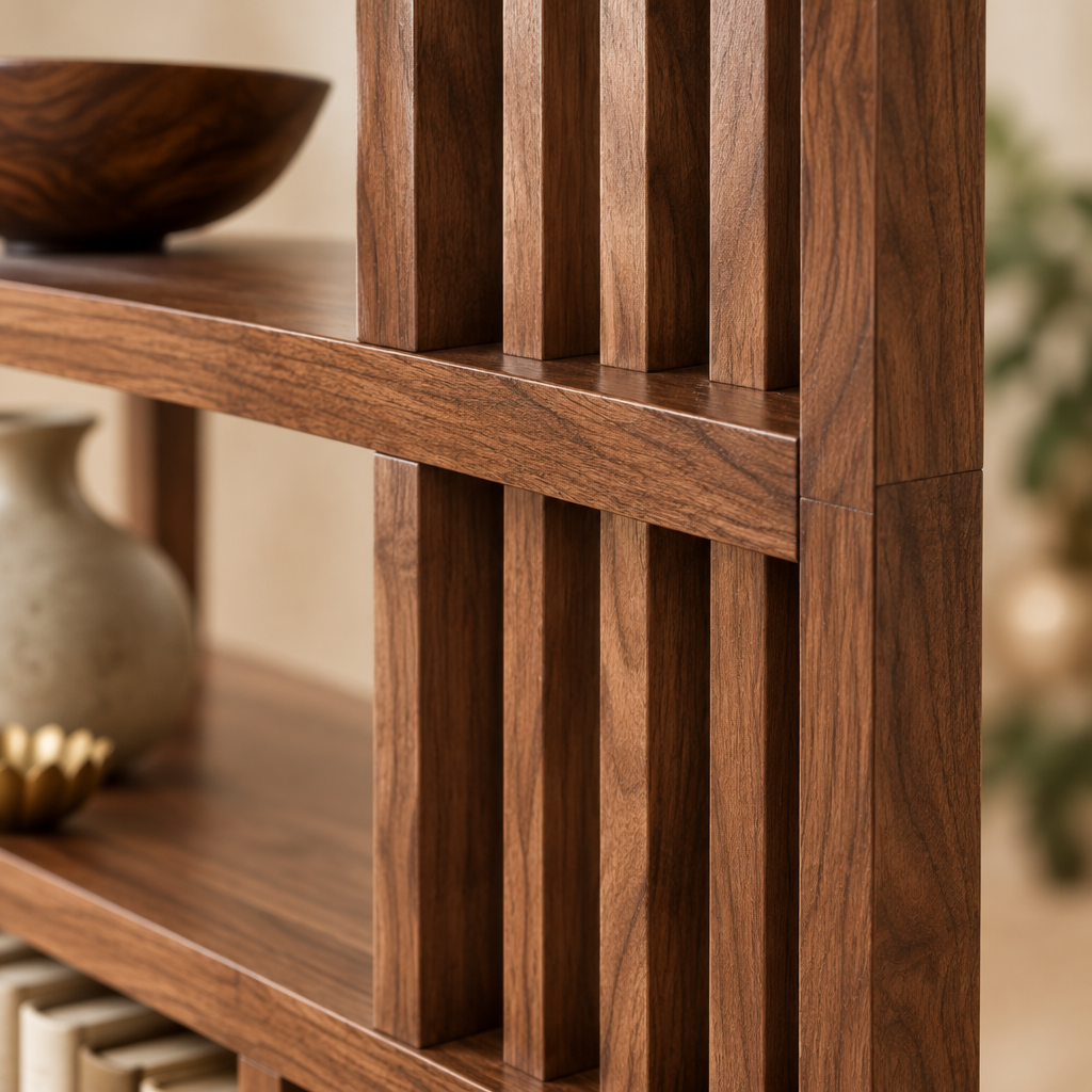 Halden Slatted Room Divider Shelf wood grain and joinery close-up