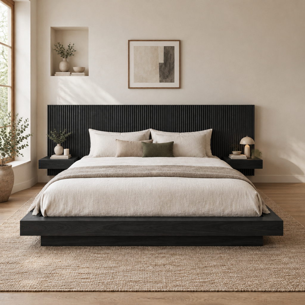 Halden Platform Bed with Fluted Headboard in Ebonized Black finish