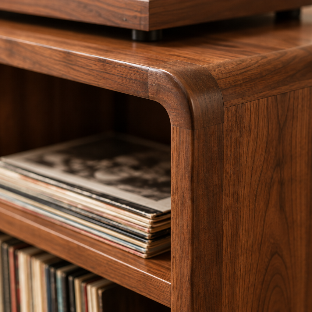Sora Rounded Record Stand wood grain and joinery close-up