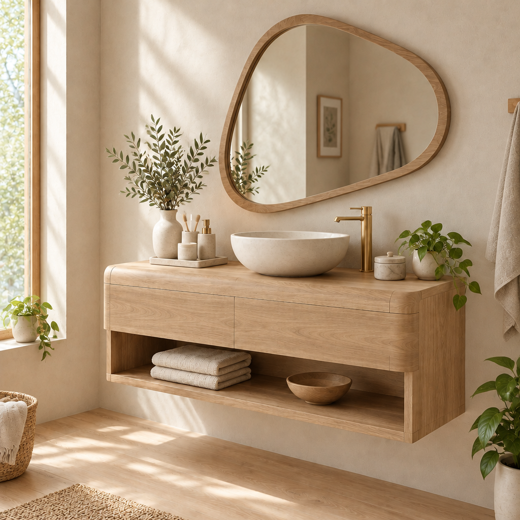 Mesa Vanity and Organic Mirror Set in Natural Oak finish