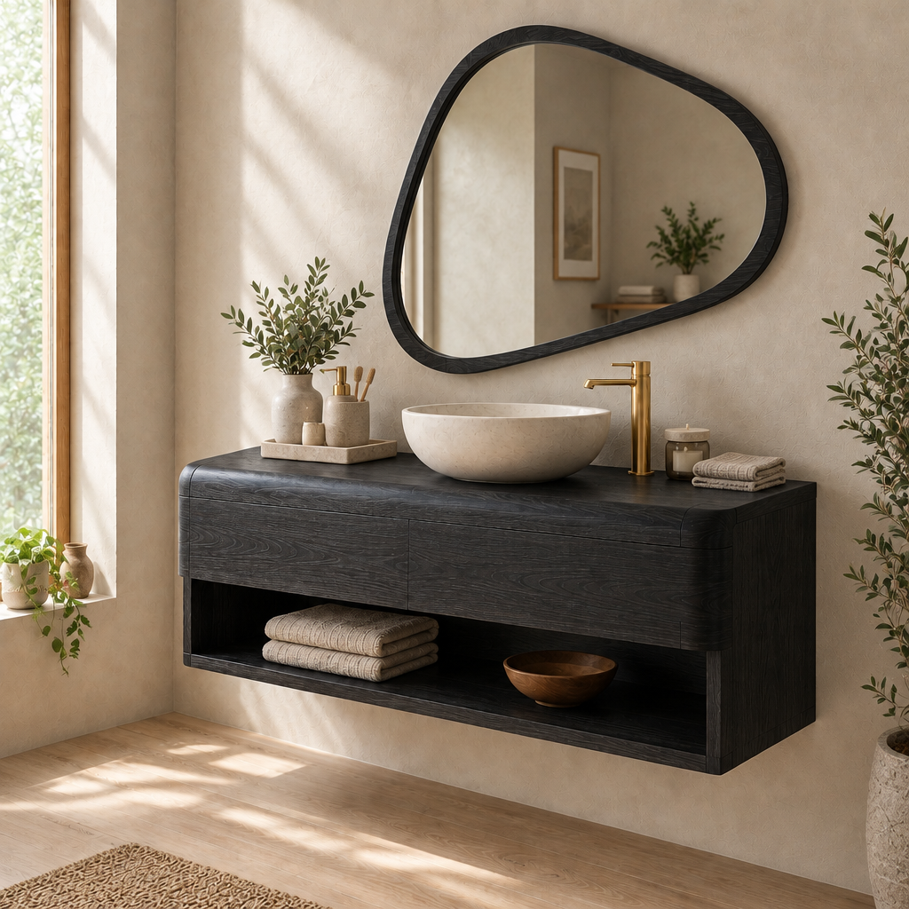 Mesa Vanity and Organic Mirror Set in Ebonized Black finish