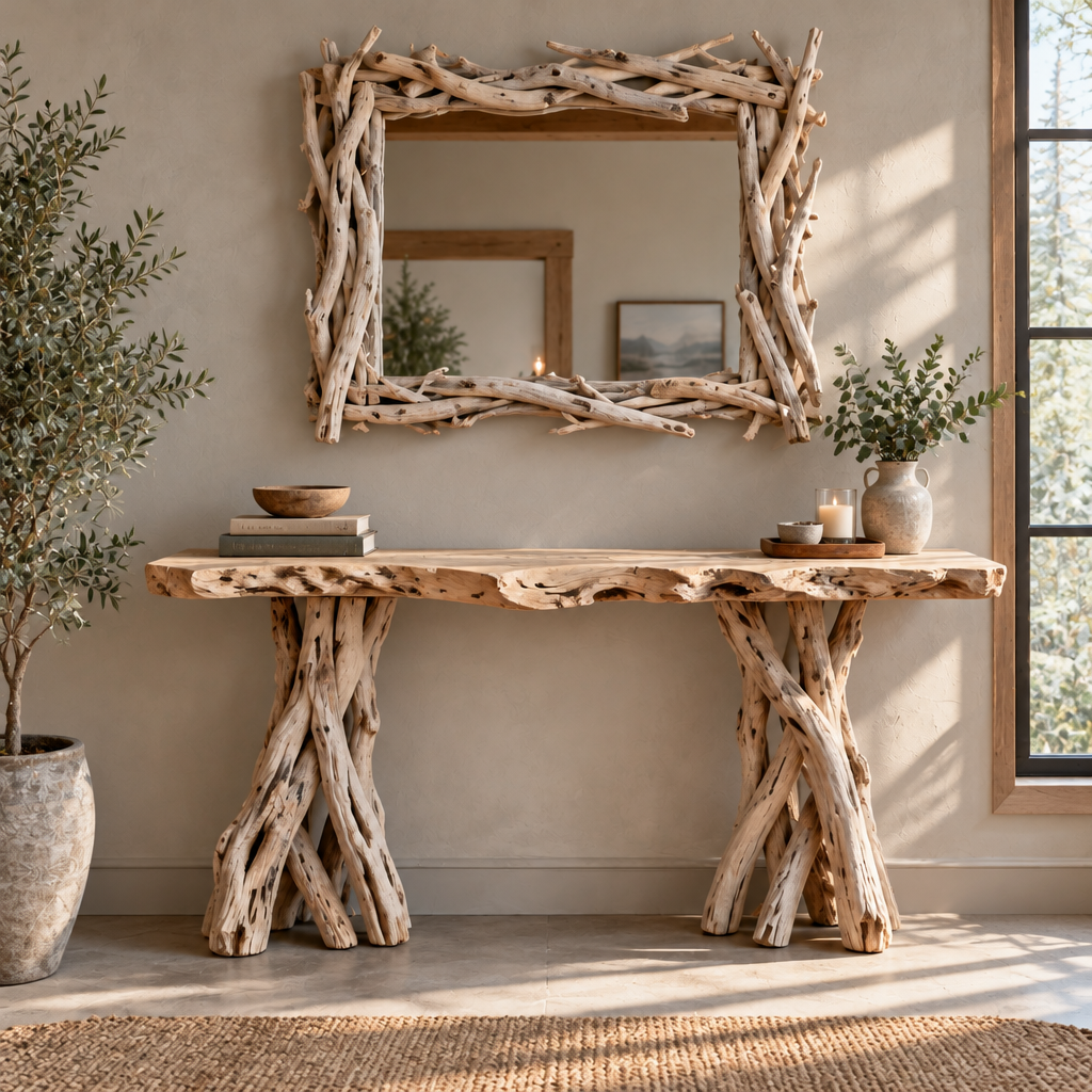 Tidewood Driftwood Console and Mirror Set in a living room