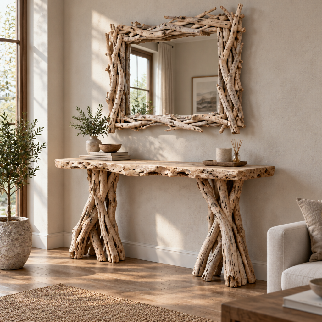 Tidewood Driftwood Console and Mirror Set side view