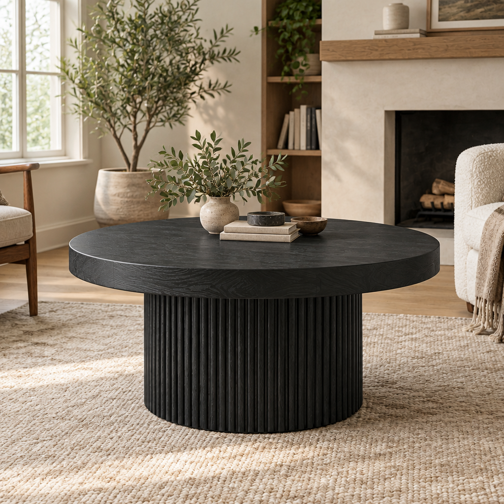 Sora Round Pedestal Coffee Table in Ebonized Black finish