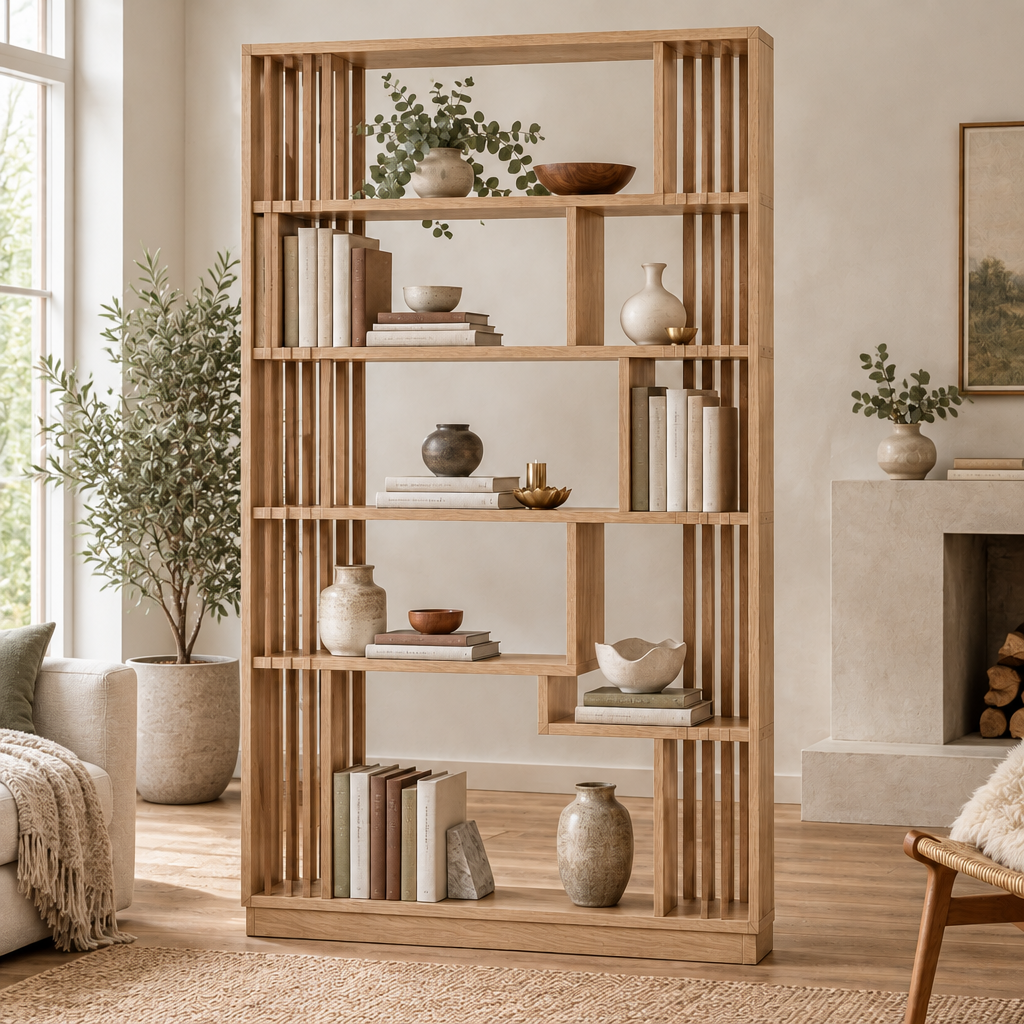 Halden Slatted Room Divider Shelf in Natural Oak finish
