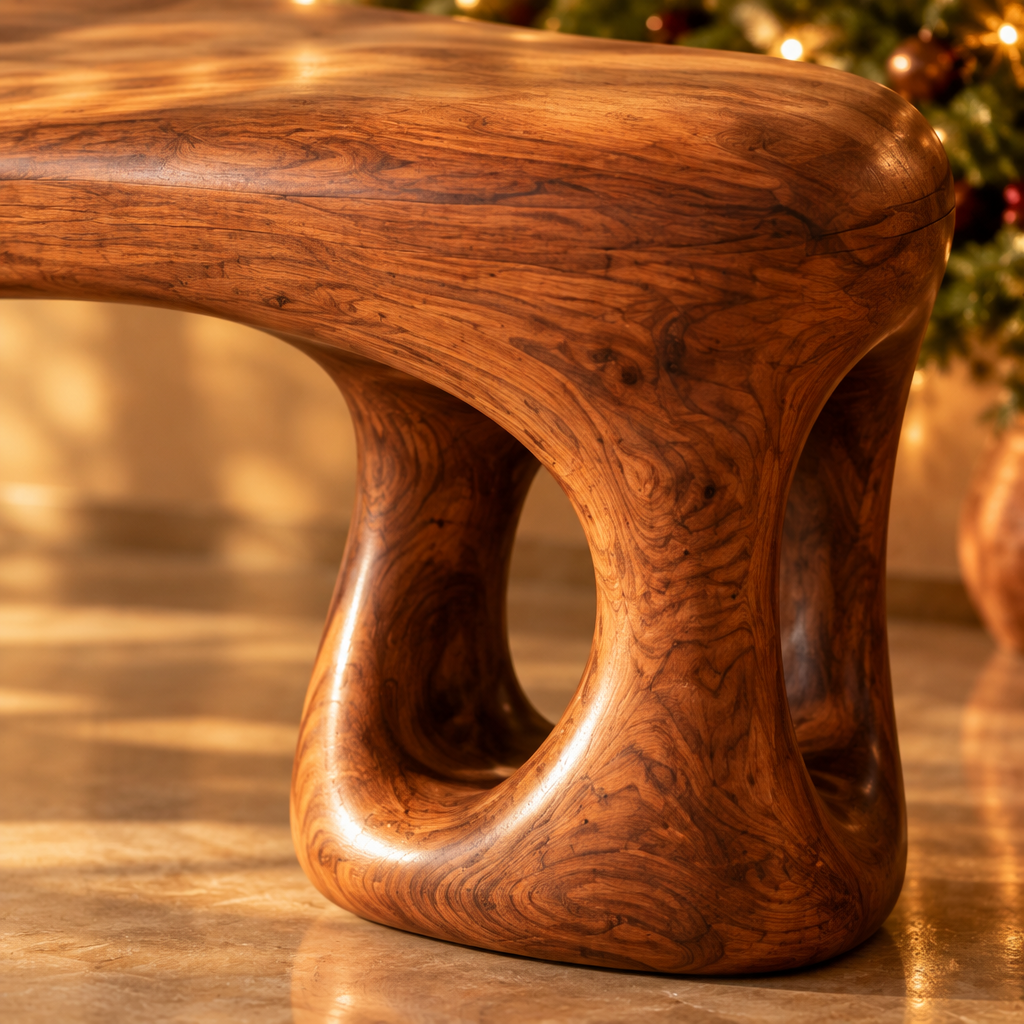 Mojave Sculpted Entry Bench wood grain and joinery close-up