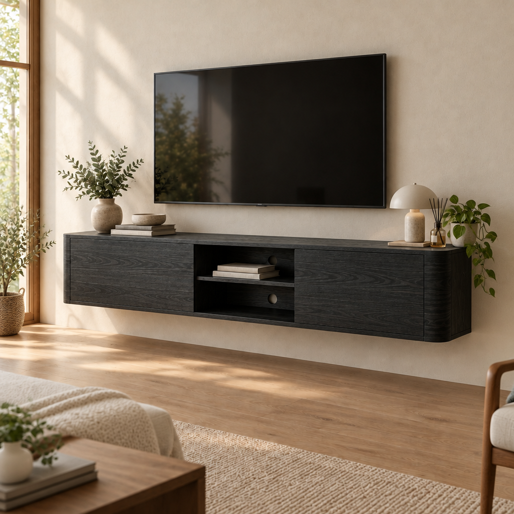 Sora Floating Media Console in Ebonized Black finish